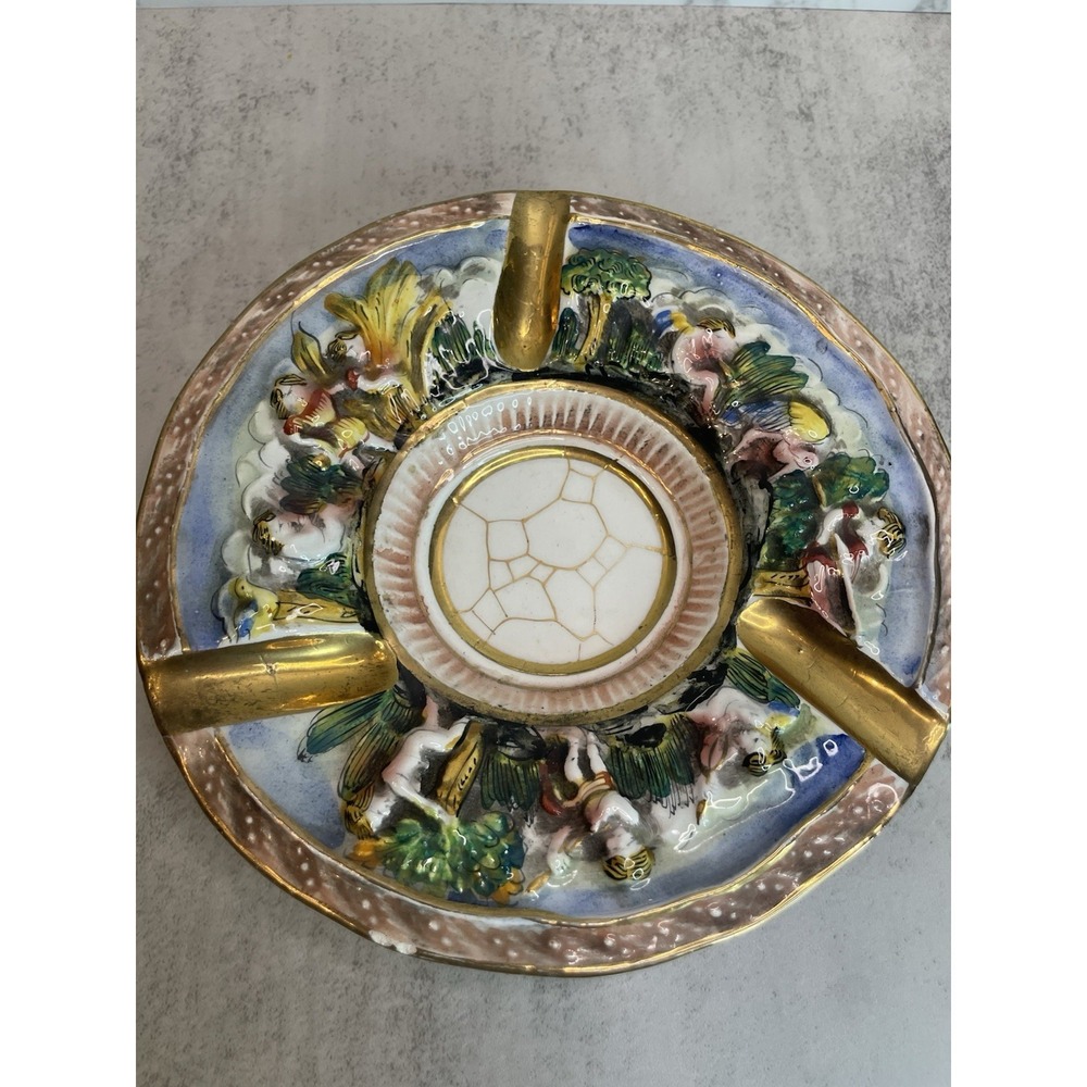 Vtg Capodimonte Made in Italy Cherub Ceramic Trinket Dish Ashtray 1366/95 8"
